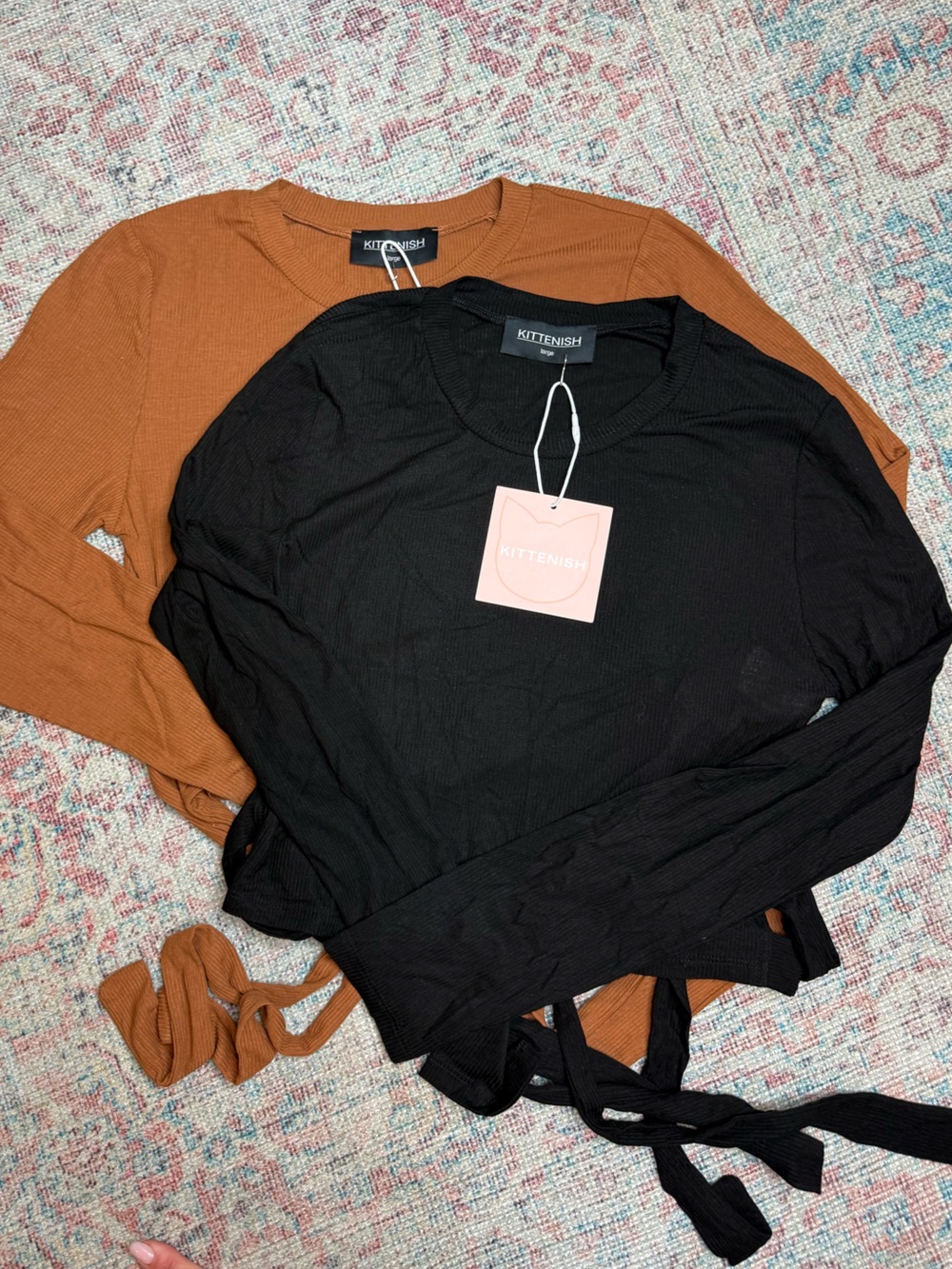 Kittenish Ribbed Knit Top lot 2 — Camel Brown & black ties in back